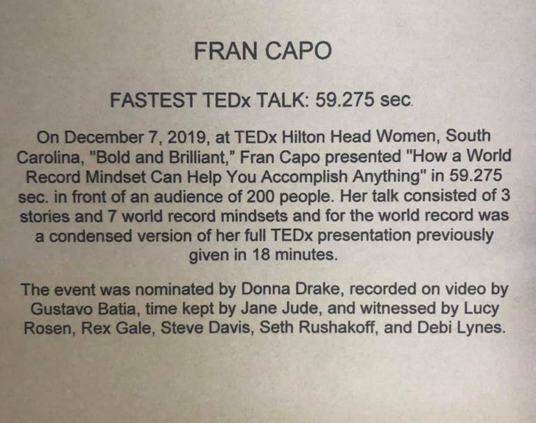 Watch Fran Capo Set the World Record for Fastest TEDx Talk at TEDxHiltonHead Women